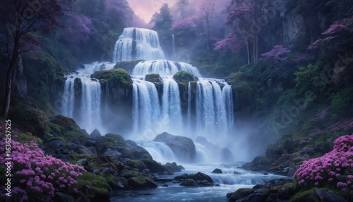 Majestic waterfall cascades down mountain rocks surrounded by pink blossom trees. Misty water flowing over mossy stones into river. Serene natural landscape background perfect for travel, nature