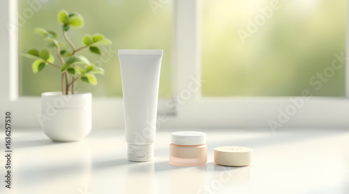 A photorealistic, clean product showcase of sustainable skincare. Features a biodegradable white tube and a reusable glass jar on reclaimed oak wood.