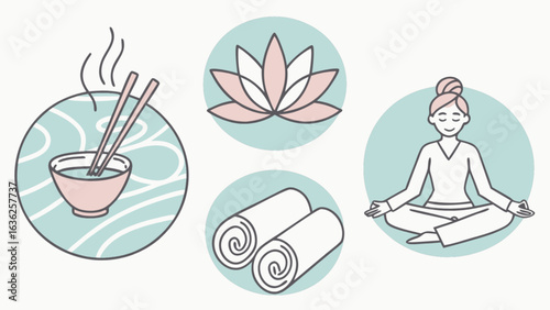 Wellness lifestyle elements vector illustration of yoga meditation spa food and relaxation for healthy living