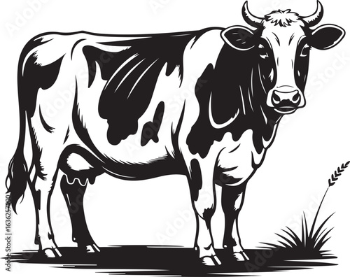 Black and white illustration of a Holstein Friesian cow standing in grass cattle livestock