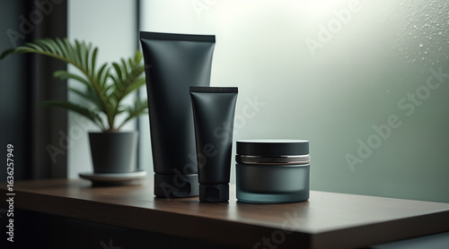 A confident, modern masculine aesthetic in this men's skincare ad. Sleek, unbranded products are meticulously detailed and arranged on a dark oak shelf.