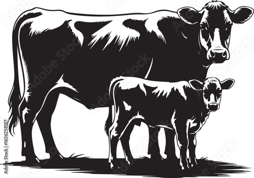 Black And White Silhouette Of A Cow And A Calf Standing Together cattle bovine