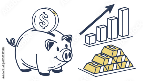 Piggy bank savings investment gold bars and growth chart financial planning and wealth management concept illustration