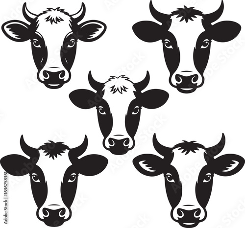 Five Black And White Stylized Cow Heads With Horns And Ears cattle head bovine head