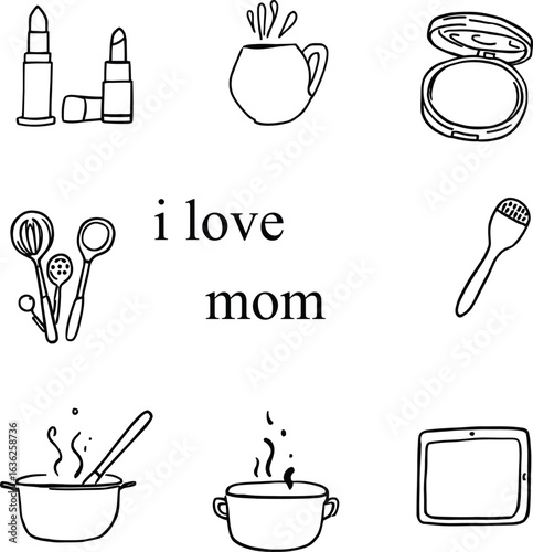 Hand-drawn grid of beauty and kitchen items with “i love mom” text in center, featuring lipsticks, utensils, and cozy details