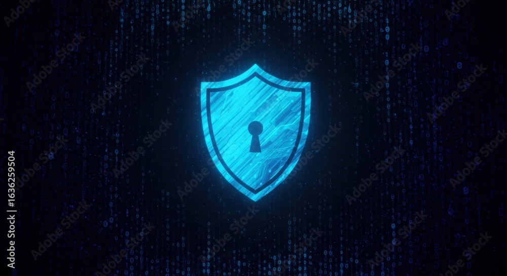 Fototapeta premium Cyber security theme, glowing shield icon, binary code rain, dark background, secure, protected