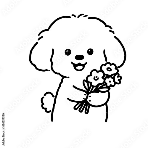 A hand-drawn doodle style illustration of a cute puppy holding a bouquet of flowers. Perfect for greeting cards, children’s decor, stickers, and kawaii merchandise.