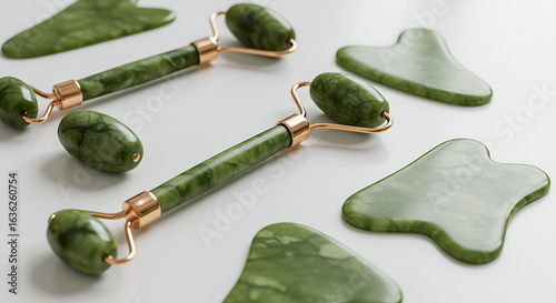 Elevated Flat Lay Composition Featuring Green Jade Facial Rollers and Gua Sha Tools Set Against a Clean White Background for