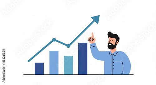 Man Pointing at Upward Business Graph in Blue Tones