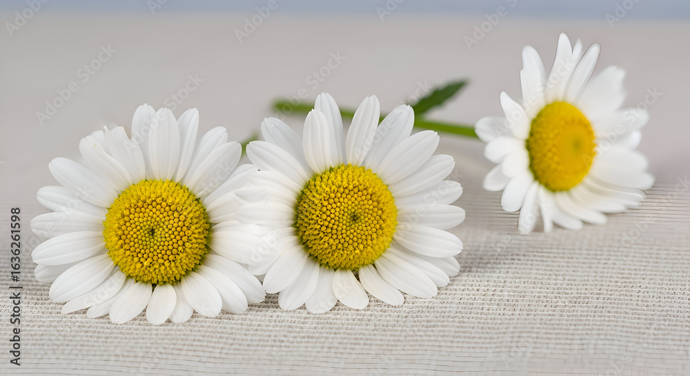 Fototapeta premium Three daisies with white petals and yellow centers on table