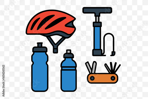 Cycling gear essentials including a helmet, water bottles, pump, and multi-tool for outdoor rides