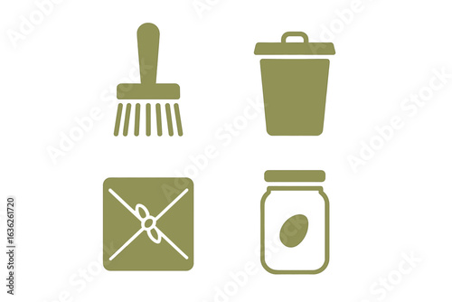 Cleaning tools and waste management items organized in a simple design suitable for various practical uses