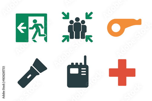 Emergency preparedness symbols indicating safety measures and tools during a crisis