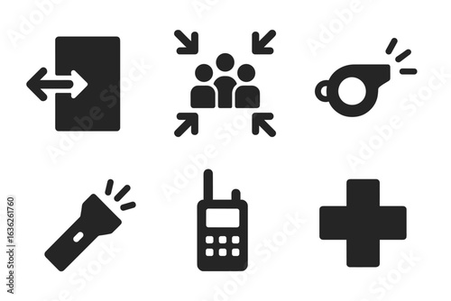 Emergency response icons showing evacuation, communication, and first aid symbols for safety training