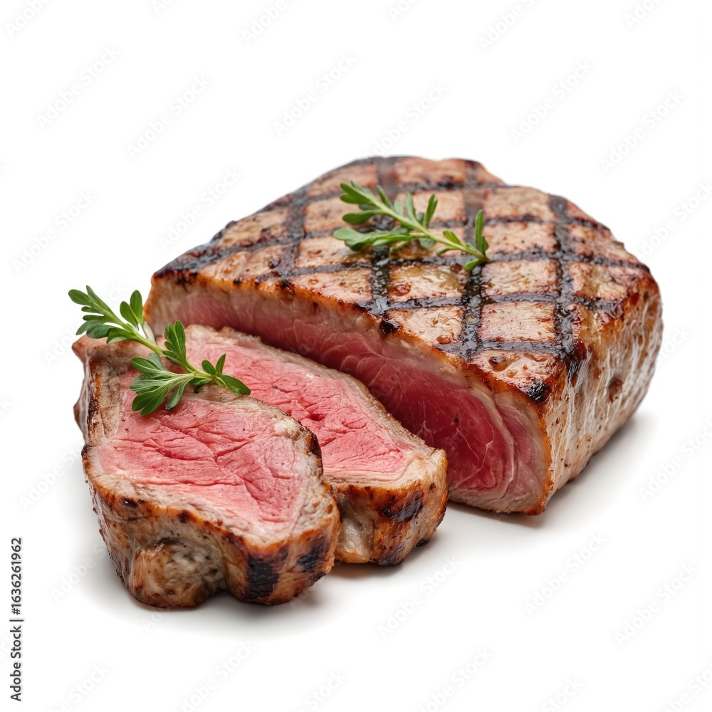 Grilled beef steak, cut in slices, isolated on white background. Juicy meat cooked on grill, garnished with herbs. High protein gourmet dish for restaurant menu, food photography. Grilled beef steak, cut in slices, isolated on white background. Juicy meat cooked on grill, garnished with herbs. High protein gourmet dish for restaurant menu, food photography.