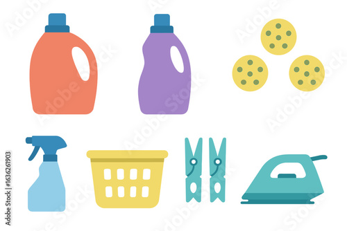 Household cleaning supplies and laundry items arranged on a flat surface during the daytime
