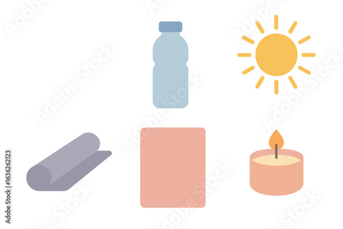 Summer essentials for a relaxing day outdoors with yoga mat, water bottle, sun, candle, and blanket