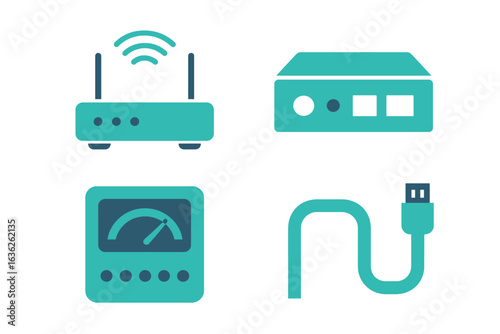 Collection of network equipment visuals showcasing router, modem, speed tester, and USB cable design elements