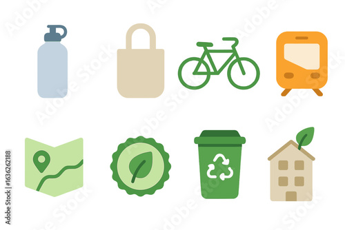 Icons representing sustainable living practices, including transportation and recycling, on a clean white background