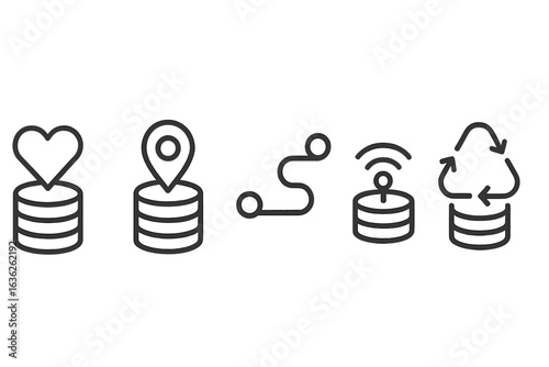 Modern data management symbols illustrating key concepts in storage, location, connectivity, and sustainability in technology systems