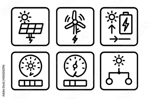 Renewable energy symbols on a clean technology background showcasing solar, wind, and battery power systems for sustainable living