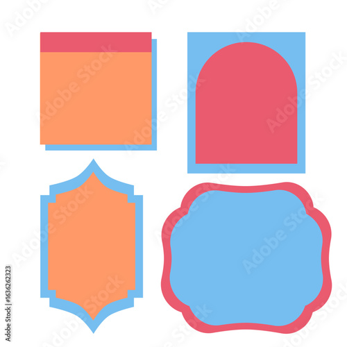 A collection of four colorful, flat design frames and labels in various geometric and ornate shapes.