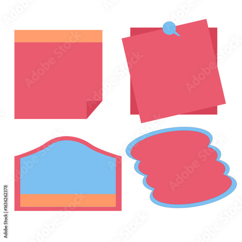 A collection of four colorful, blank graphic elements, including sticky notes and labels for messages.
