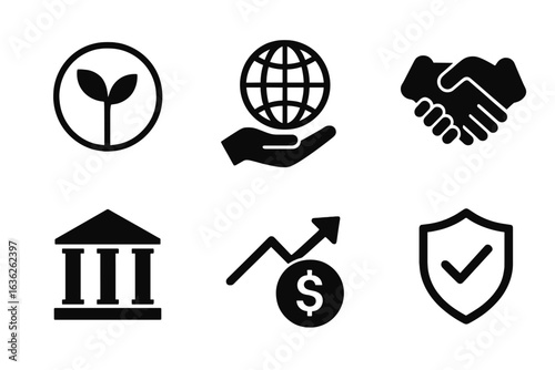 Icons representing sustainability, finance, and cooperation in a modern context