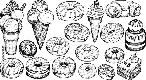 a black and white sketch of many different types of desserts, including ice cream cones, donuts, cakes, and pastries