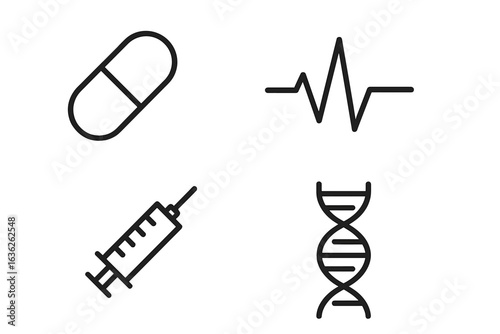 Health and medicine symbols representing medication, monitoring, injections, and genetics in a modern design