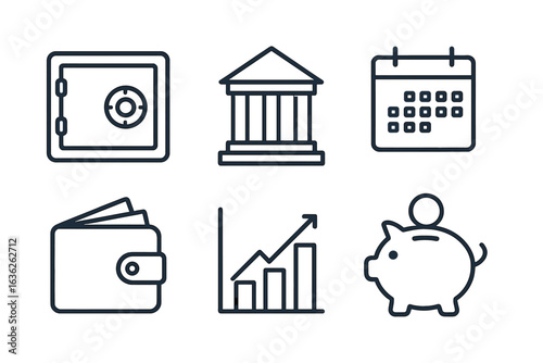Financial planning elements including a safe, bank, calendar, wallet, growth chart, and piggy bank in a simple illustration