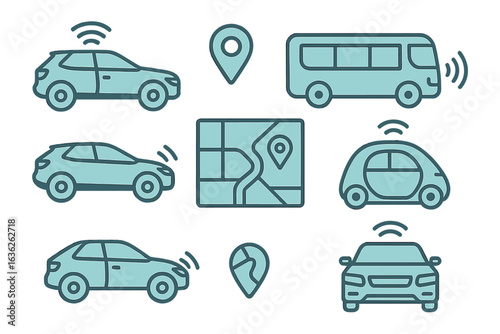 Illustration of various connected vehicles and map technology indicating modern transportation dynamics