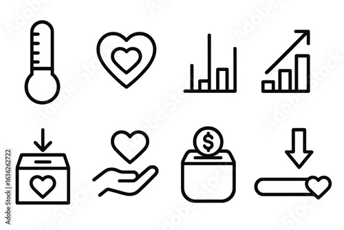 Various heart and thermometer icons illustrating emotional engagement and support during fundraising events