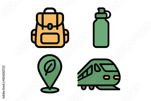 Travel essentials for adventure seekers including a backpack and a train icon