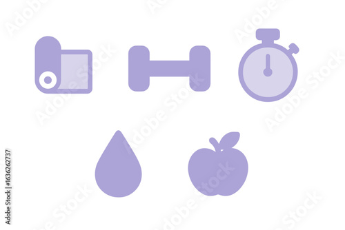 Fitness elements including a yoga mat, dumbbell, stopwatch, water droplet, and apple promoting health and exercise habits