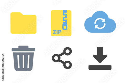 Colorful icons representing file management tools and actions in a digital environment