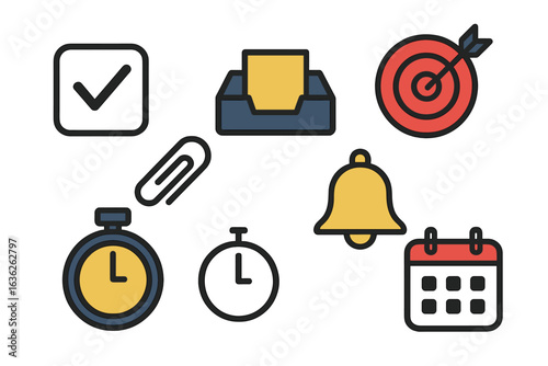 Symbols representing organization, productivity, and time management in a minimalist style