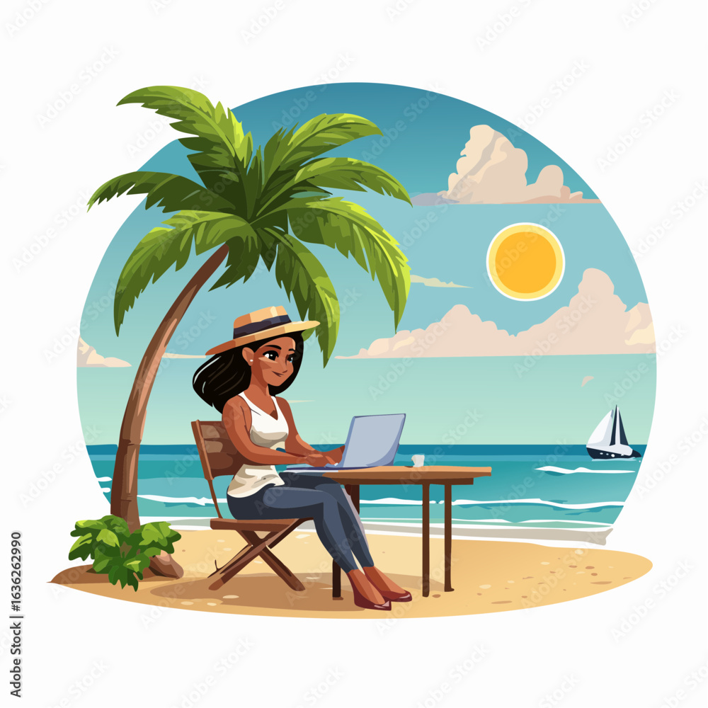 Fototapeta premium Digital nomad working on laptop near tropical beach cartoon vector