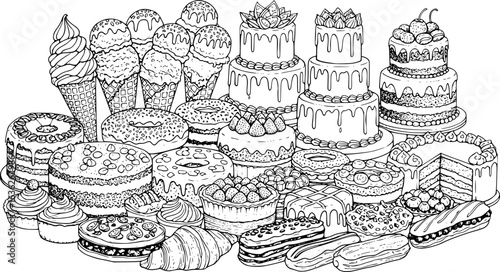 a black and white sketch of many different types of desserts, including ice cream cones, donuts, cakes, and pastries
