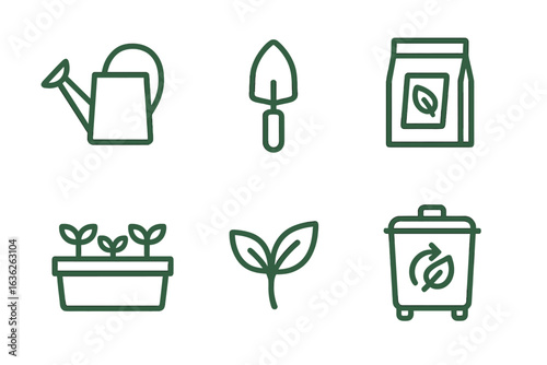 Gardening tools and plants illustrated for sustainable gardening practices and care