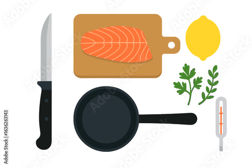 Cooking salmon with fresh ingredients, knife, pan, and lemon preparation on a wooden cutting board
