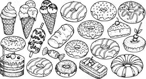 a black and white sketch of many different types of desserts, including ice cream cones, donuts, cakes, and pastries