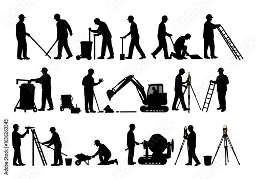 Silhouettes of Construction Workers and Equipment Performing Various Labor Tasks on a White Background