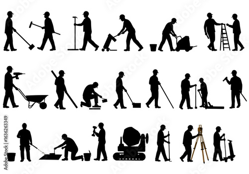 Silhouettes of construction workers performing various tasks on a white background illustrating labor and industry