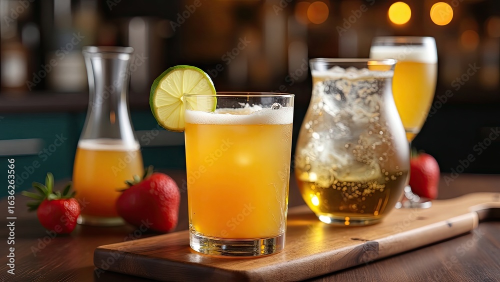 Fototapeta premium Refreshing drinks with fruit garnishes on a wooden surface.