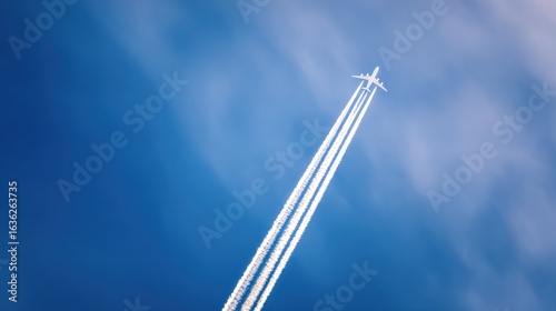 Dynamic aviation scene: plane leaving contrail streaks in clear sky above layered cloud textures.