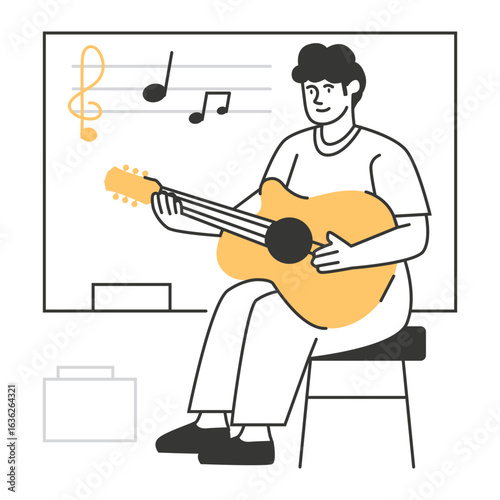 A young man taking a guitar lesson at a music school, practicing chords in a classroom with a whiteboard.