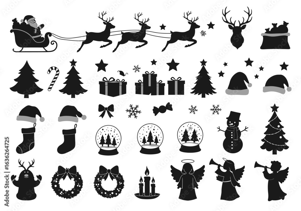 Naklejka premium Classic Christmas Silhouette Collection Featuring Santa Reindeer and Festive Ornaments
