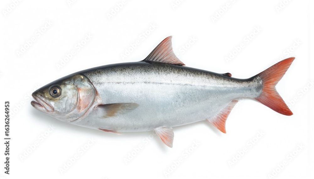 Naklejka premium Rohu fish, freshwater species, shown against clean white background. Aquatic animal features striking red fins, scales, gills, mouth, natural beauty. Streamlined body suggests graceful movement,