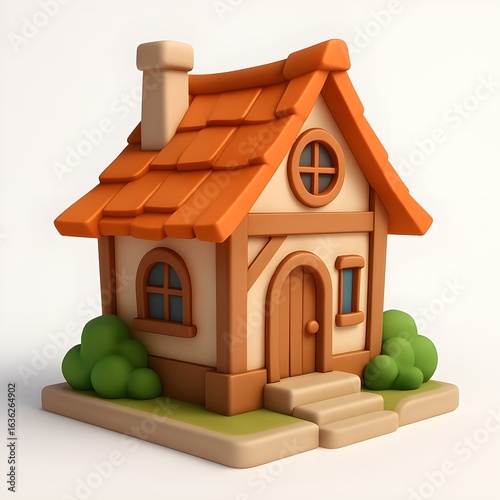 3D Cartoon Cozy House with Orange Roof and Garden